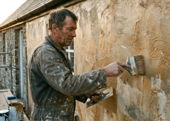 Homem aplicando tinta na parede de casa