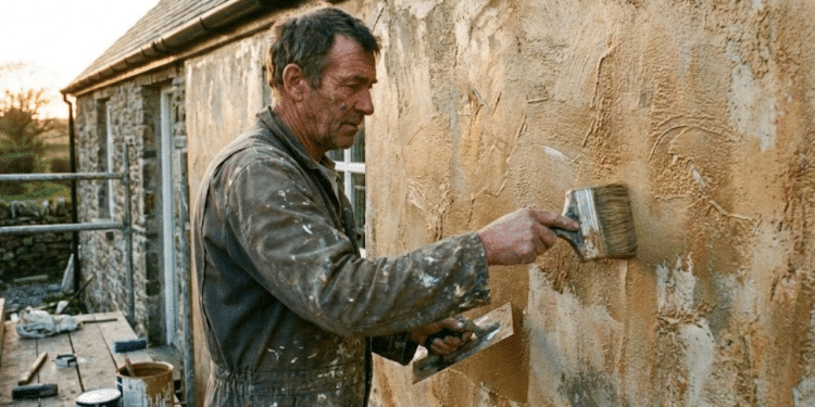 Homem aplicando tinta na parede de casa