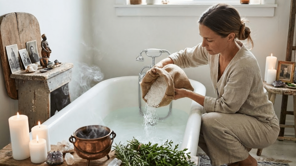 Mulher preparando banheira com sal grosso