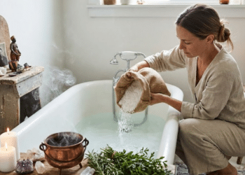 Mulher preparando banheira com sal grosso