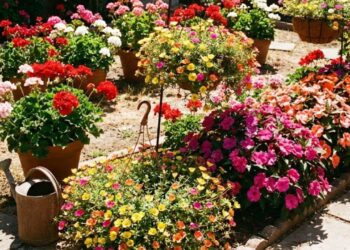 Jardim colorido com sol forte