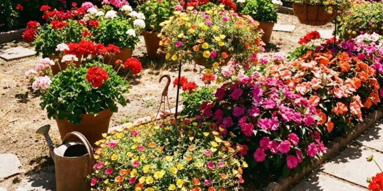 Jardim colorido com sol forte