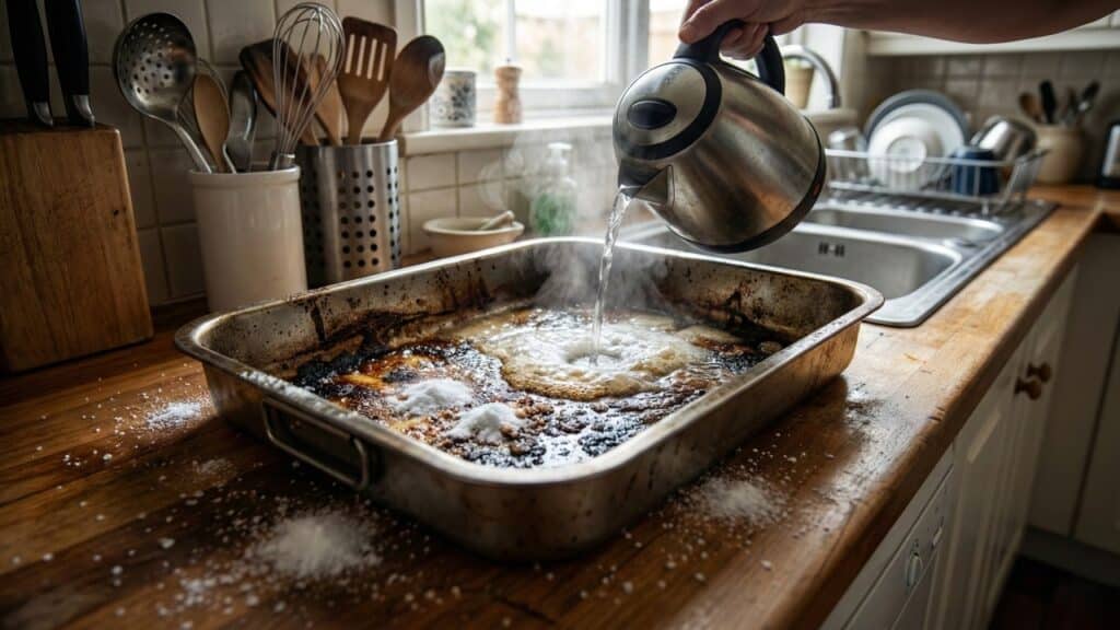 Essa mistura com bicarbonato e sal tira gordura queimada da panela e ainda evita o uso de produtos com cheiro forte