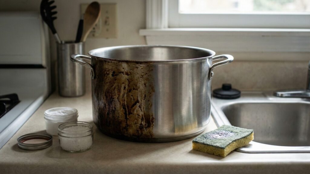 Essa mistura com bicarbonato e sal tira gordura queimada da panela e ainda evita o uso de produtos com cheiro forte