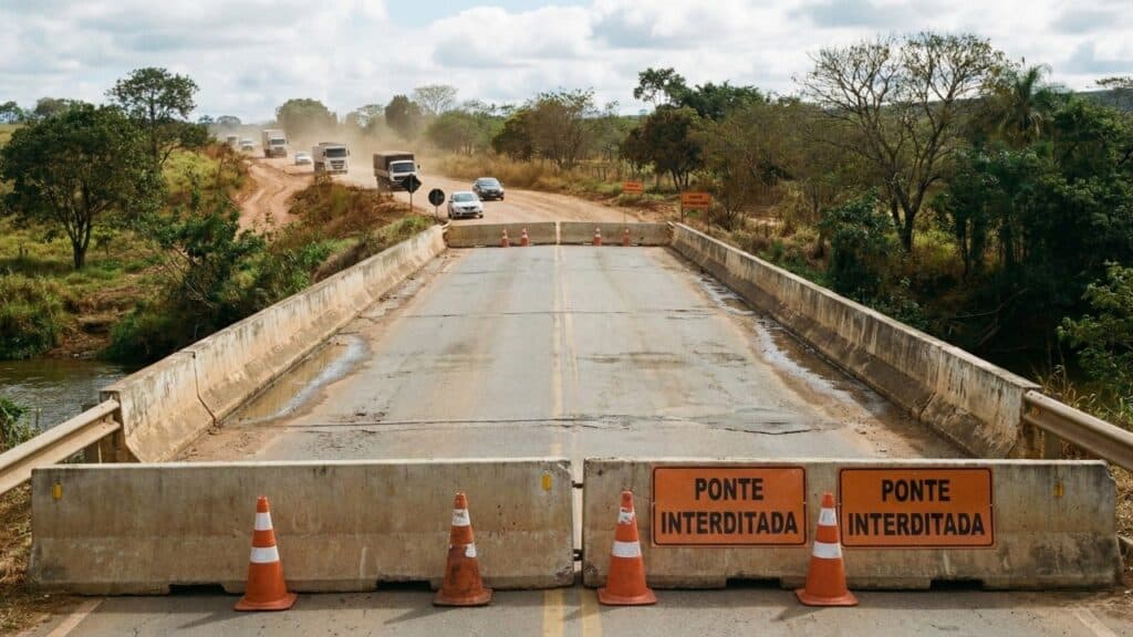Ponte sobre o Ribeirão Carioca é interditada e desvio de 4,3 km muda o tráfego na MG-030