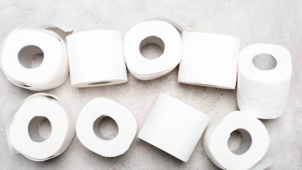Vista superior de rolos de papel higiênico sobre uma superfície texturizada cinza.