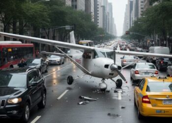 Avião realiza pouso forçado em rua movimentada e acaba colidindo com veículos