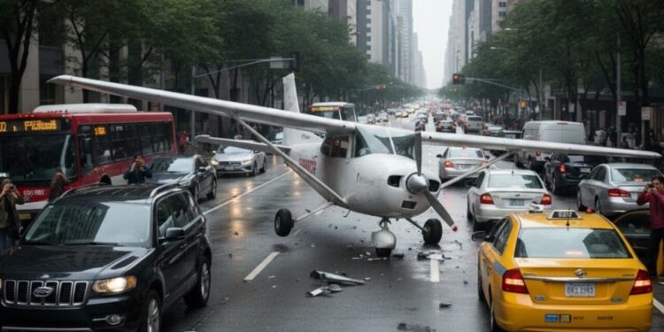 Avião realiza pouso forçado em rua movimentada e acaba colidindo com veículos