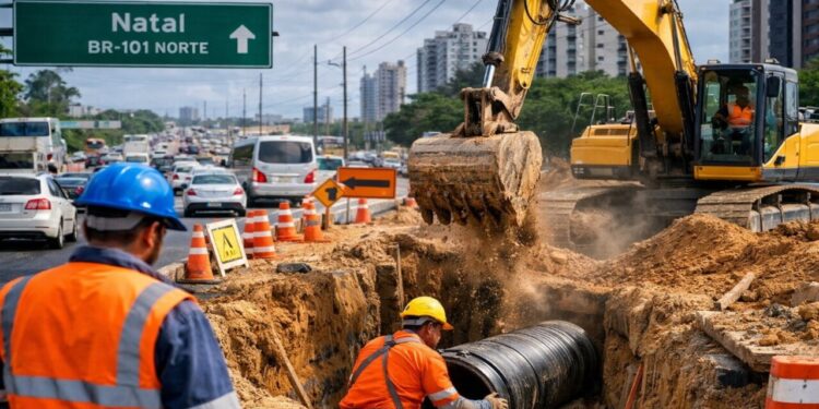 Trecho da marginal da BR-101 ficará interditado por obras do sistema de esgotamento sanitário em Natal e motoristas devem ficar atentos às mudanças