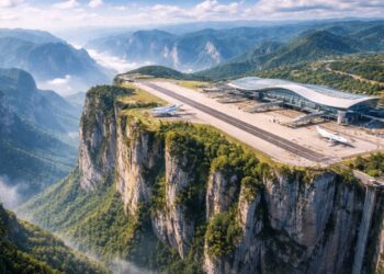 Aeroporto de mais de R$ 600 milhões no topo de um penhasco impressiona após megaobra da China cortar montanhas para ligar região esquecida