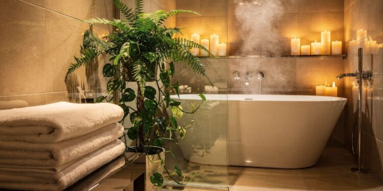 Transforme seu banheiro em um spa em casa usando madeira plantas e organização para reduzir o estresse e relaxar todos os dias