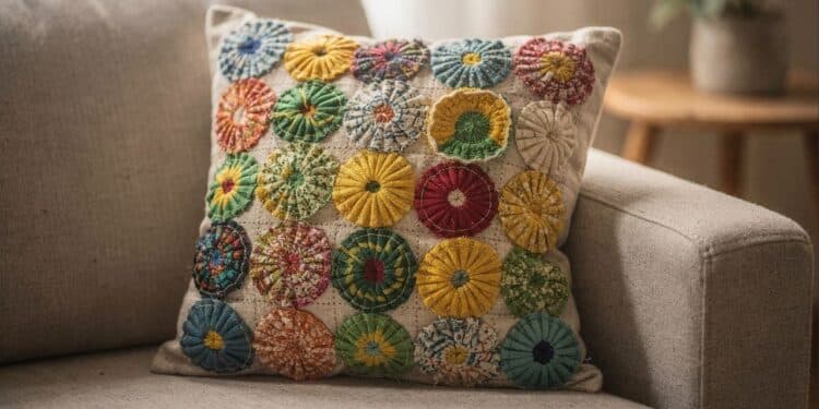 Transforme círculos de tecido em flores e crie peças decorativas únicas para almofadas e painéis