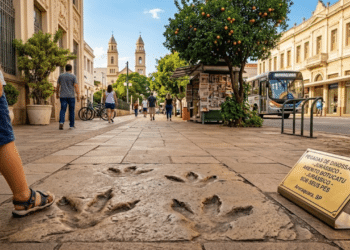 A cidade onde dinossauros deixaram pegadas nas calçadas surpreende no coração de São Paulo