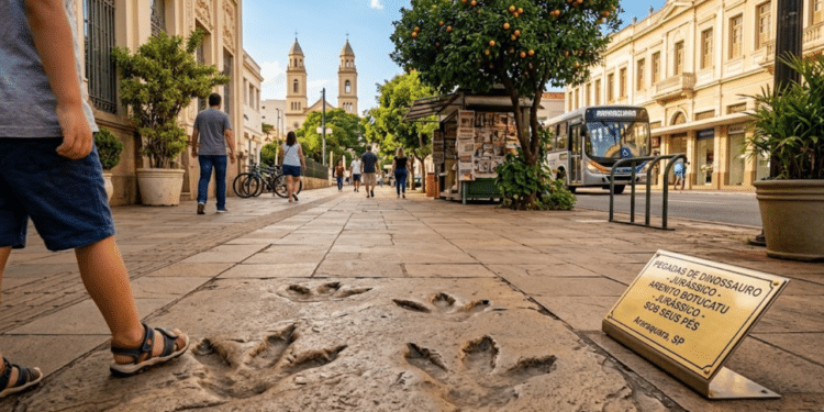A cidade onde dinossauros deixaram pegadas nas calçadas surpreende no coração de São Paulo