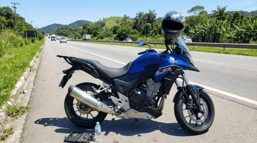 Saiba o que significa quando um capacete estiver apoiado no retrovisor de uma moto parada na estrada