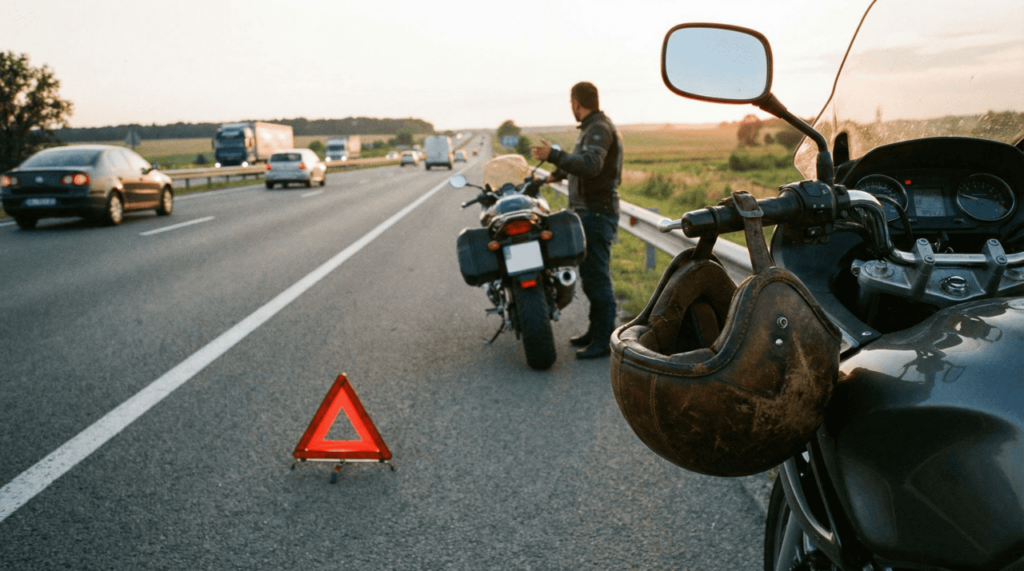 Saiba o que significa quando um capacete estiver apoiado no retrovisor de uma moto parada na estrada