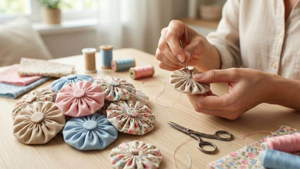 Transforme círculos de tecido em flores e crie peças decorativas únicas para almofadas e painéis