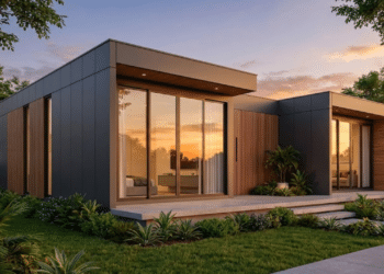 Casa modular moderna com acabamento premium sob luz do pôr do sol