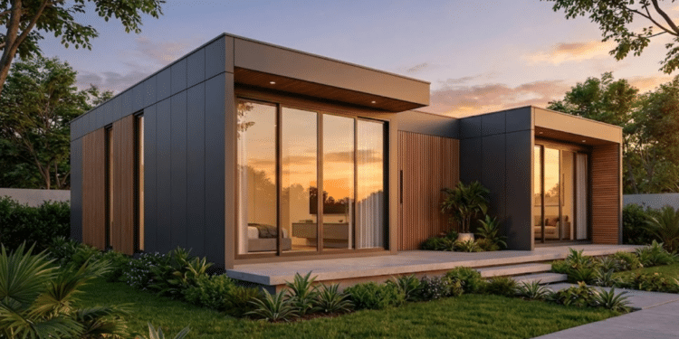 Casa modular moderna com acabamento premium sob luz do pôr do sol