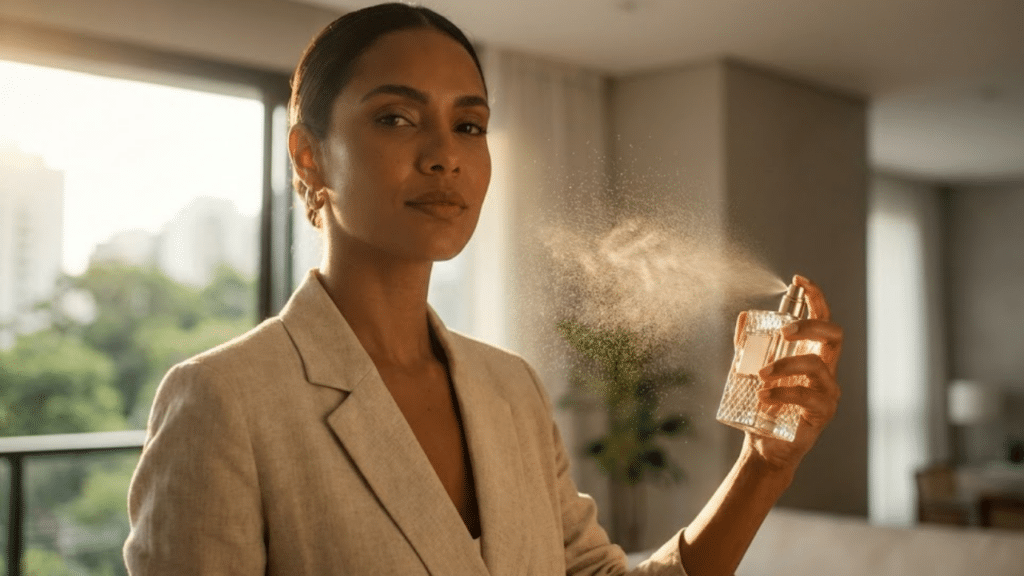 Mulher elegante borrifa perfume sob a luz dourada da manhã