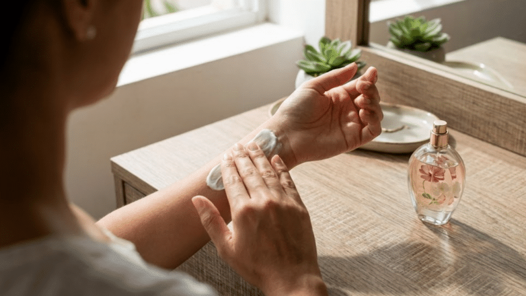 Mãos hidratando o pulso ao lado de um frasco de perfume