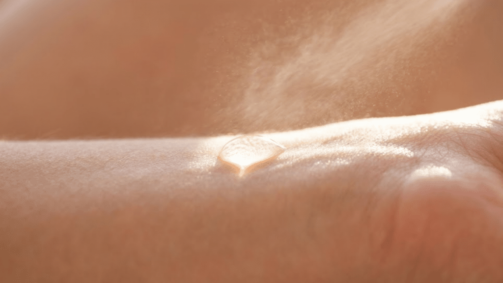 Detalhe de gotas de perfume sobre o pulso sob luz intensa