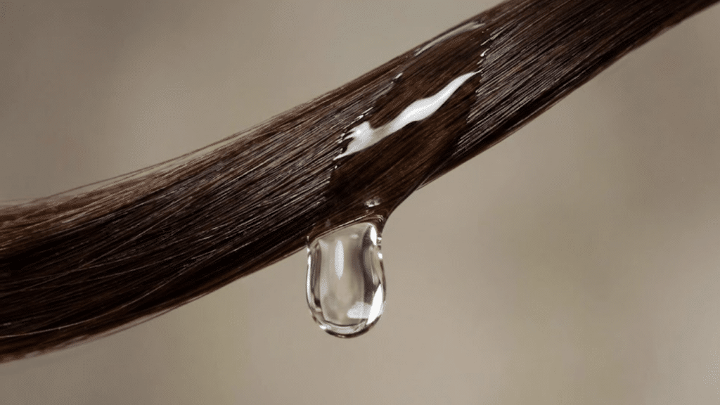 Gota de óleo de coco deslizando por mecha de cabelo brilhante