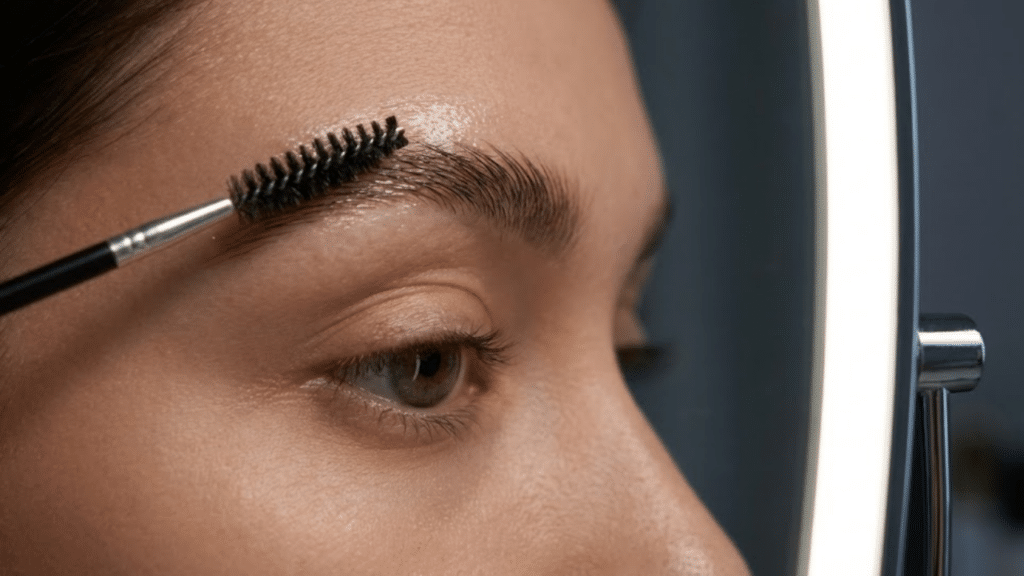 Aplicação detalhada do sérum caseiro na sobrancelha com uma escovinha