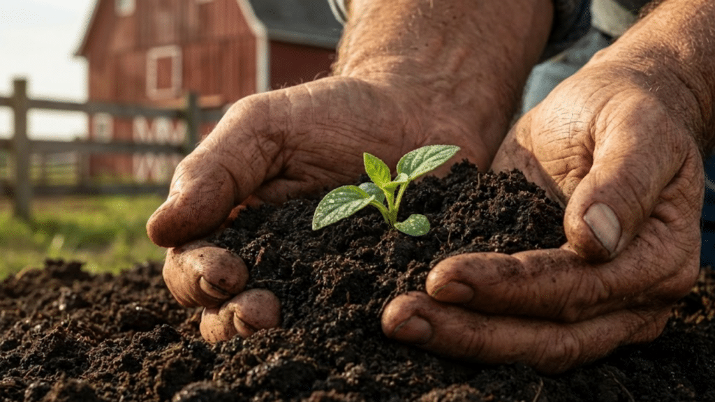 Mãos calejadas segurando terra fértil com um broto verde surgindo
