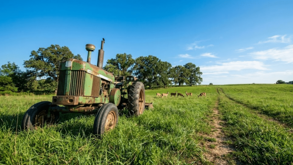 Trator antigo em pasto verde preservado com animais ao fundo