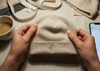 Mãos ajustando protótipo de tecido em mesa de trabalho improvisada