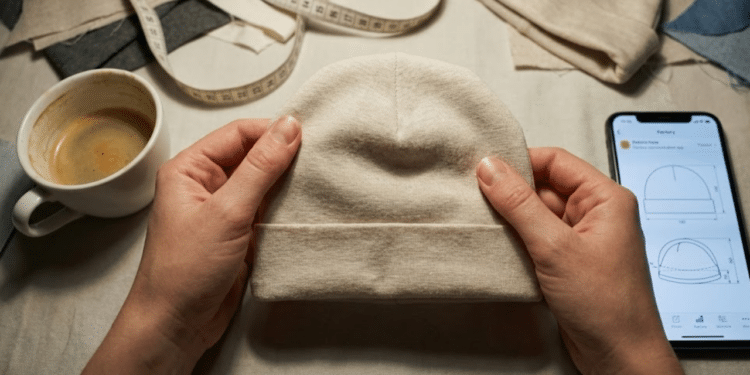 Mãos ajustando protótipo de tecido em mesa de trabalho improvisada