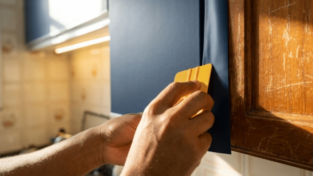 Homem aplicando mãos aplicando adesivo vinílico liso em porta de armário de madeira
