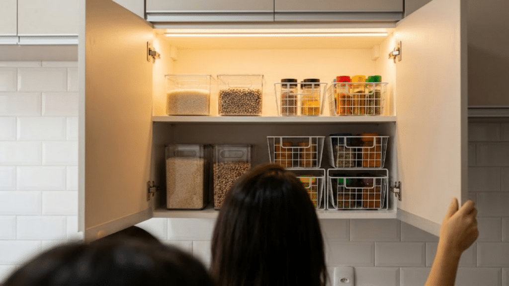 Visão sobre o ombro de um armário perfeitamente organizado com cestos e potes