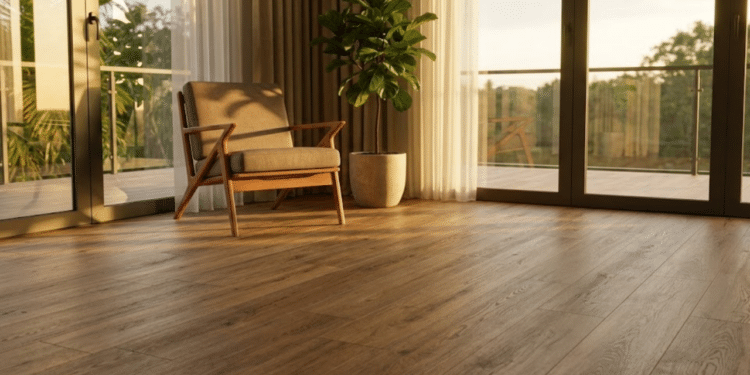 Piso vinílico amadeirado em sala moderna sob luz solar dourada