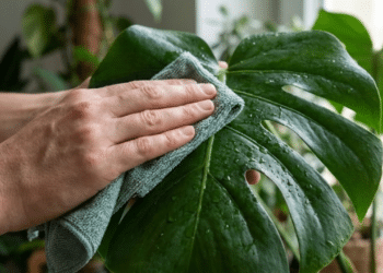 Limpando costela-de-adão de gotas de água