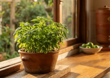 Vaso de manjericão viçoso na janela de cozinha iluminada pelo sol.