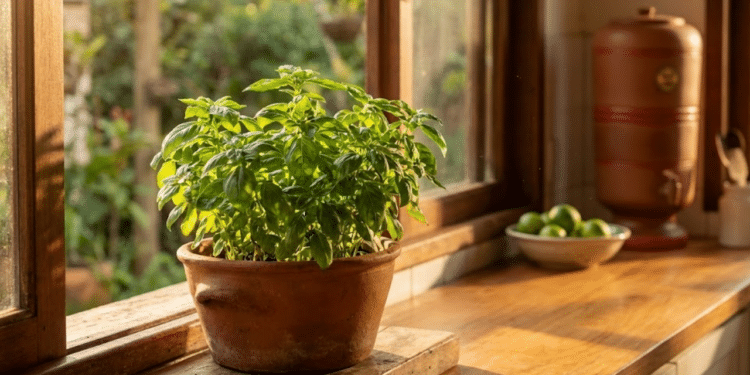Vaso de manjericão viçoso na janela de cozinha iluminada pelo sol.