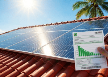 Telhado com painéis solares brilhando ao sol e uma mão segurando uma conta de luz com gráfico de queda