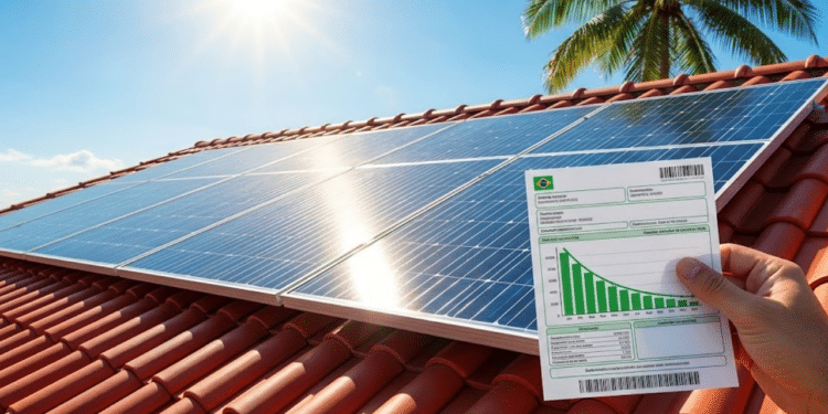 Telhado com painéis solares brilhando ao sol e uma mão segurando uma conta de luz com gráfico de queda