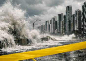 Maré alta batendo com força no calçadão de uma metrópole costeira brasileira com prédios ao fundo