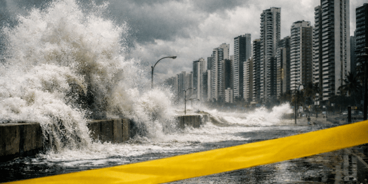 Maré alta batendo com força no calçadão de uma metrópole costeira brasileira com prédios ao fundo