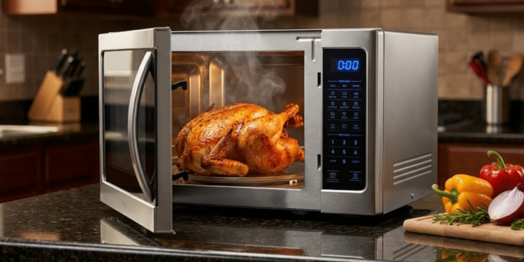 Micro-ondas moderno em bancada de granito com frango assado dourado e crocante saindo dele