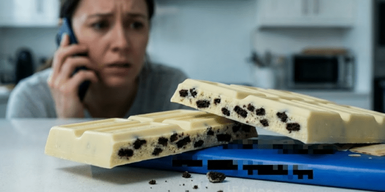 Barra de chocolate branco quebrada revelando pedaços de biscoito escuro dentro, sobre a embalagem azul tradicional