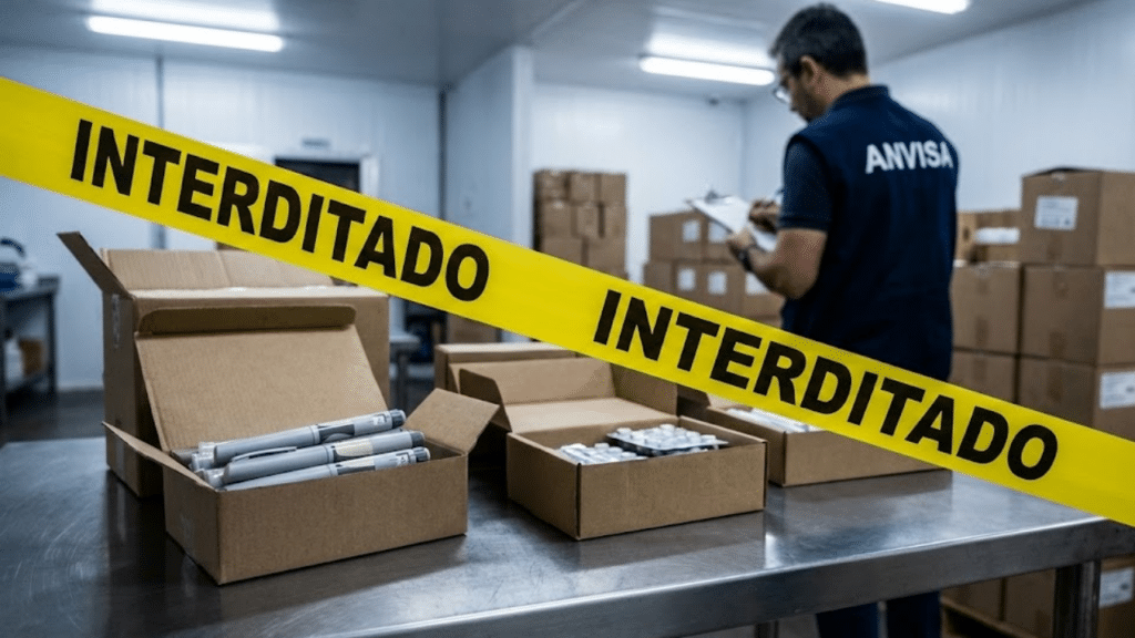 Mesa com caixas de remédios apreendidos e fita de 'INTERDITADO', com agente da Anvisa ao fundo
