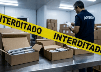 Mesa com caixas de produtos apreendidos e fita de 'INTERDITADO', com agente da Anvisa ao fundo