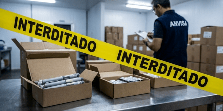 Mesa com caixas de remédios apreendidos e fita de 'INTERDITADO', com agente da Anvisa ao fundo