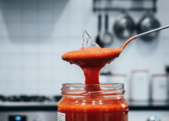 Colher levantando molho de tomate e revelando um caco de vidro brilhante no meio do molho vermelho