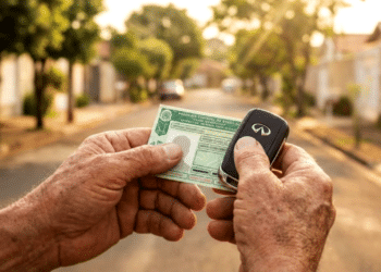 Mãos de um idoso segurando a CNH e chaves do carro, com fundo de rua ao pôr do sol