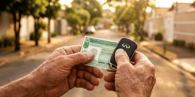 Mãos de um idoso segurando a CNH e chaves do carro, com fundo de rua ao pôr do sol